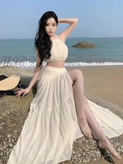 Hnewly Summer Women Beach Two Piece Set Sexy Strap Short Tops & High Waist One-Piece Lace Up Skirt