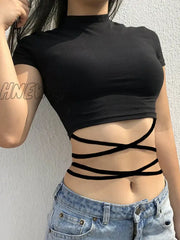 Hnewly Summer Women Black Short T-Shirts Sexy Crop Tops Sleeve Bandage Tee Female Shirts
