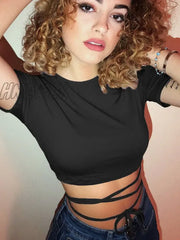 Hnewly Summer Women Black Short T-Shirts Sexy Crop Tops Sleeve Bandage Tee Female Shirts