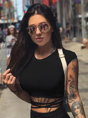 Hnewly Summer Women Black Short T-Shirts Sexy Crop Tops Sleeve Bandage Tee Female Shirts