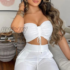 Hnewly Summer Women Casual White Two Piece Suit Sets Sleeveless Drawstring Bandeau Crop Top &