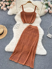 Hnewly Summer Women Elegant Casual Knitted Skirt Suit Hollow Out Sleeveless Tank Tops Sexy Slim