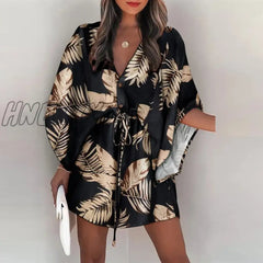 Hnewly Summer Women Elegant Dresses Sexy V Neck Lace-Up Floral Print Mini Dress Casual Flared