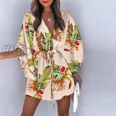 Hnewly Summer Women Elegant Dresses Sexy V Neck Lace-Up Floral Print Mini Dress Casual Flared