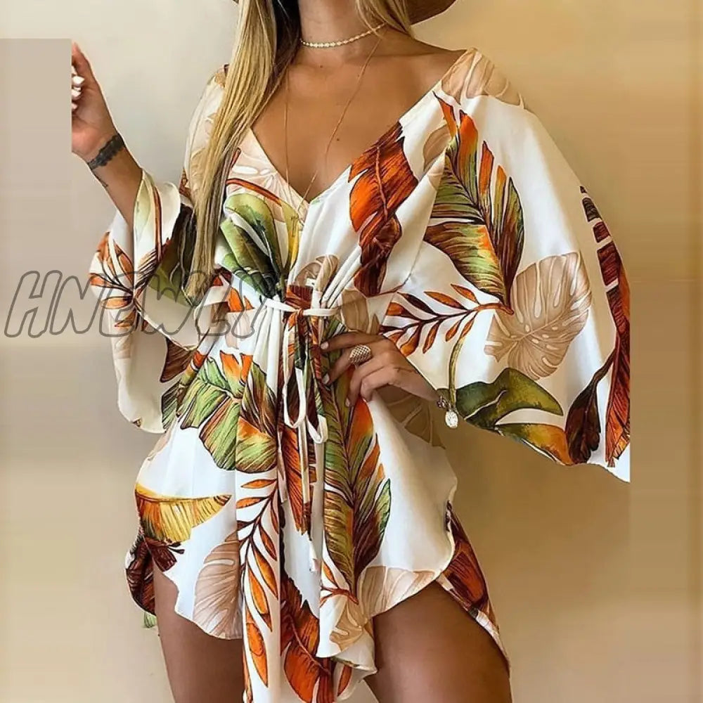 Hnewly Summer Women Elegant Dresses Sexy V Neck Lace-Up Floral Print Mini Dress Casual Flared