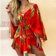 Hnewly Summer Women Elegant Dresses Sexy V Neck Lace-Up Floral Print Mini Dress Casual Flared