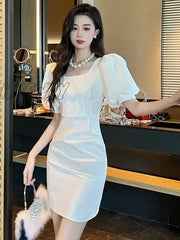 Hnewly Summer Women Evening Short Dress Lady Retro Sexy Square Collar Corset Slim Mini Dresses