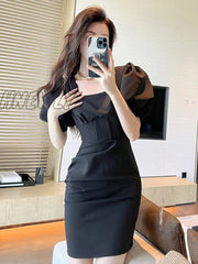 Hnewly Summer Women Evening Short Dress Lady Retro Sexy Square Collar Corset Slim Mini Dresses