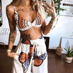Hnewly Summer Women Fashion 2 Pieces Set Tracksuit Boho Print Sexy Sleeveless Crop Top Loose Wide