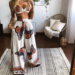 Hnewly Summer Women Fashion 2 Pieces Set Tracksuit Boho Print Sexy Sleeveless Crop Top Loose Wide