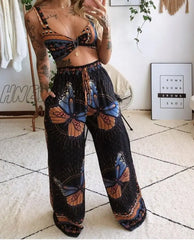 Hnewly Summer Women Fashion 2 Pieces Set Tracksuit Boho Print Sexy Sleeveless Crop Top Loose Wide