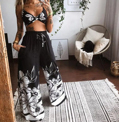 Hnewly Summer Women Fashion 2 Pieces Set Tracksuit Boho Print Sexy Sleeveless Crop Top Loose Wide