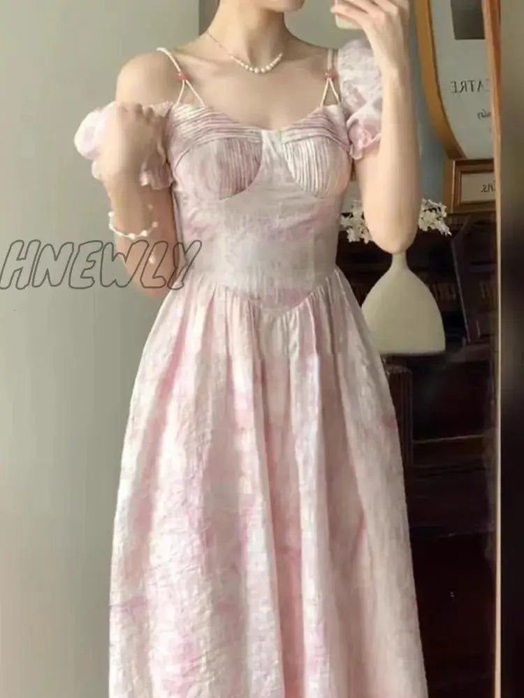 Summer Women Fashion Elegant Casual Print Dress Spaghetti Strap Vintage A-Line Floral Pink Dresses Female Party Birthday Clothes