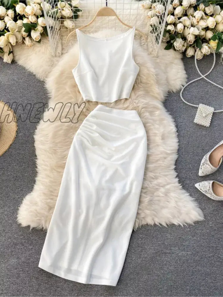 Summer Women Fashion Skirt Set Sexy Sleeveless Tank Tops High Waist Slim Long Saya Female Two Piece Suits White Black Clothes