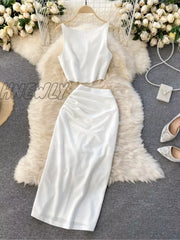 Summer Women Fashion Skirt Set Sexy Sleeveless Tank Tops High Waist Slim Long Saya Female Two Piece Suits White Black Clothes