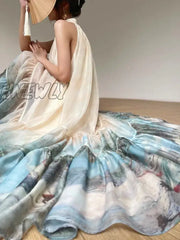 Hnewly Summer Women Fashion Vintage Casual Print Midi Dress Sleeveless A-Line Pleated Party