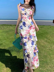 Hnewly Summer Women Floral Bodycon Slim Party Dress Sleeveless Casual Birthday One Pieces Robe Chic