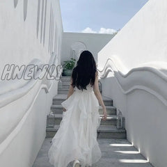 Hnewly Summer Women Maxi Long Sundress Suspenders White Apricot Ruffles Fairy Dress Elegant