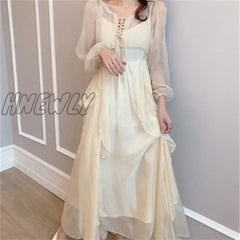 Hnewly Summer Women Maxi Long Sundress Suspenders White Apricot Ruffles Fairy Dress Elegant