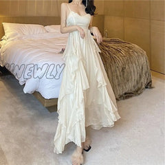 Hnewly Summer Women Maxi Long Sundress Suspenders White Apricot Ruffles Fairy Dress Elegant