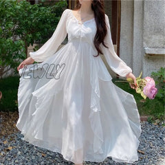 Hnewly Summer Women Maxi Long Sundress Suspenders White Apricot Ruffles Fairy Dress Elegant