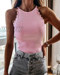 Hnewly Summer Women Ribbed Basic Tank Tops Sexy Crop Vest Solid Harajuku Style Knitted Khaki Sport