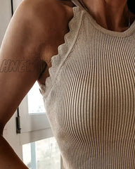 Hnewly Summer Women Ribbed Basic Tank Tops Sexy Crop Vest Solid Harajuku Style Knitted Khaki Sport