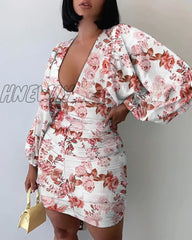 Hnewly Summer Women Ruched Floral Spring Shirring Mini Dress Femme Boho Vetement Office Lady