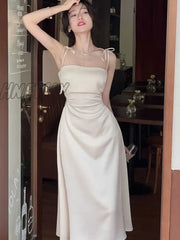 Hnewly Summer Women Spaghetti Strap Elegant Midi Satin Dresses Wedding Evening Birthday Holiday