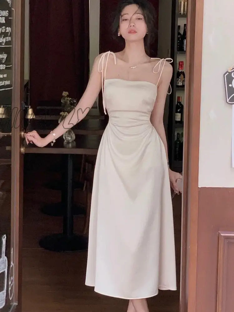Hnewly Summer Women Spaghetti Strap Elegant Midi Satin Dresses Wedding Evening Birthday Holiday