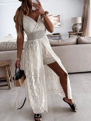 Hnewly Summer Women Suspender Playsuit Dress Casual Sleeveless Hollow Out Floral Lace Sling