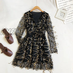 Hnewly Summer Women V-Neck Bling Sequin Sexy Mesh Gauze Bow Chic Dress Lady Short Bandage Strap