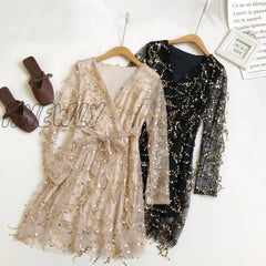 Hnewly Summer Women V-Neck Bling Sequin Sexy Mesh Gauze Bow Chic Dress Lady Short Bandage Strap