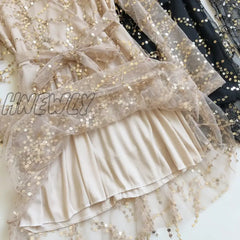Hnewly Summer Women V-Neck Bling Sequin Sexy Mesh Gauze Bow Chic Dress Lady Short Bandage Strap