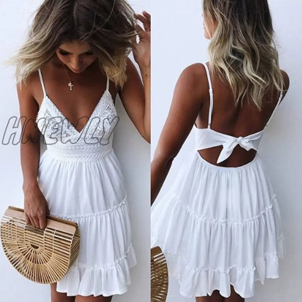 Hnewly Summer Women White Lace Halter Dress Sexy Backless Beach Dresses Fashion Sleeveless