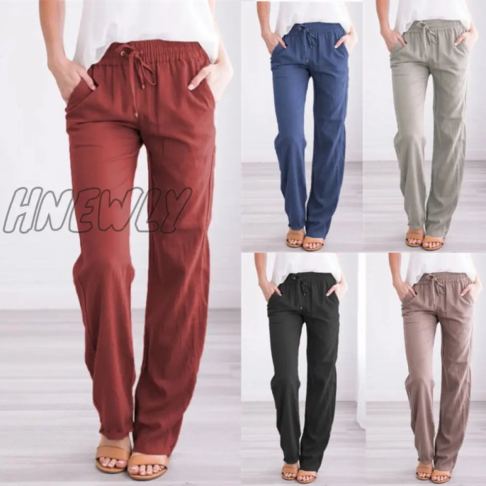 Hnewly Summer Women’s Cotton Linen Drawstring Loose Wide-Leg Pants Hot Sale Long Trousers With