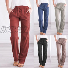 Hnewly Summer Women’s Cotton Linen Drawstring Loose Wide-Leg Pants Hot Sale Long Trousers With