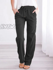 Hnewly Summer Women’s Cotton Linen Drawstring Loose Wide-Leg Pants Hot Sale Long Trousers With