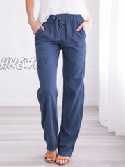 Hnewly Summer Women’s Cotton Linen Drawstring Loose Wide-Leg Pants Hot Sale Long Trousers With