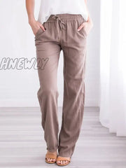 Hnewly Summer Women’s Cotton Linen Drawstring Loose Wide-Leg Pants Hot Sale Long Trousers With
