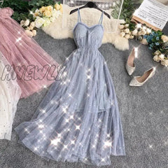 Hnewly Summer Women’s Dress French Retro Solid Color V-Neck Sequined Mesh Sling New Waist