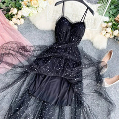 Hnewly Summer Women’s Dress French Retro Solid Color V-Neck Sequined Mesh Sling New Waist