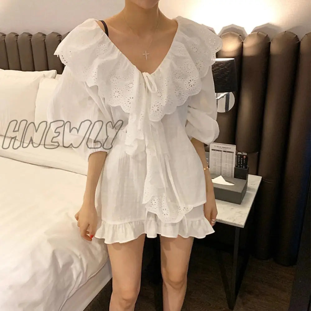Hnewly Summer Women’s Embroidery Lace Linen Pajama Sets Tops + Shorts.vintage Ladies Girl Ruffles