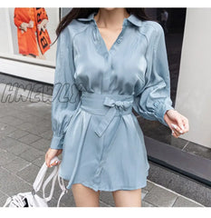 Hnewly Summer Women’s Fashion Two-Piece Lantern Sleeves Turn-Down Collar Bow Lace-Up Long Shirt +