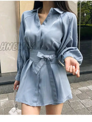 Hnewly Summer Women’s Fashion Two-Piece Lantern Sleeves Turn-Down Collar Bow Lace-Up Long Shirt +