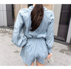 Hnewly Summer Women’s Fashion Two-Piece Lantern Sleeves Turn-Down Collar Bow Lace-Up Long Shirt +
