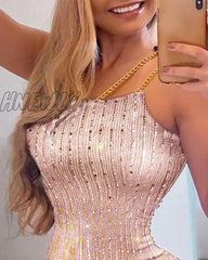 Hnewly Summer Women’s Sequins Chain Strap Ladder Cutout Bodycon Mini Slim Short Dress Party Club