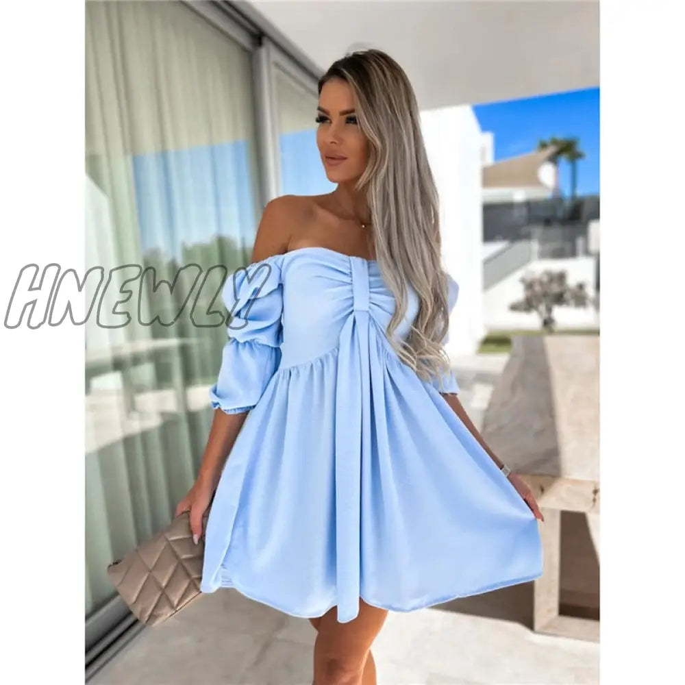 Hnewly Summer Womens Sexy Off Shoulder Half Sleeve Mini Dress Solid Party One Slim Bow Fashion
