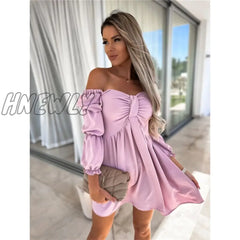 Hnewly Summer Womens Sexy Off Shoulder Half Sleeve Mini Dress Solid Party One Slim Bow Fashion