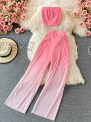 Hnewly Summer Women’s Suit Korean Street Style Gradient Tube Top Short + High Waist Wide Leg